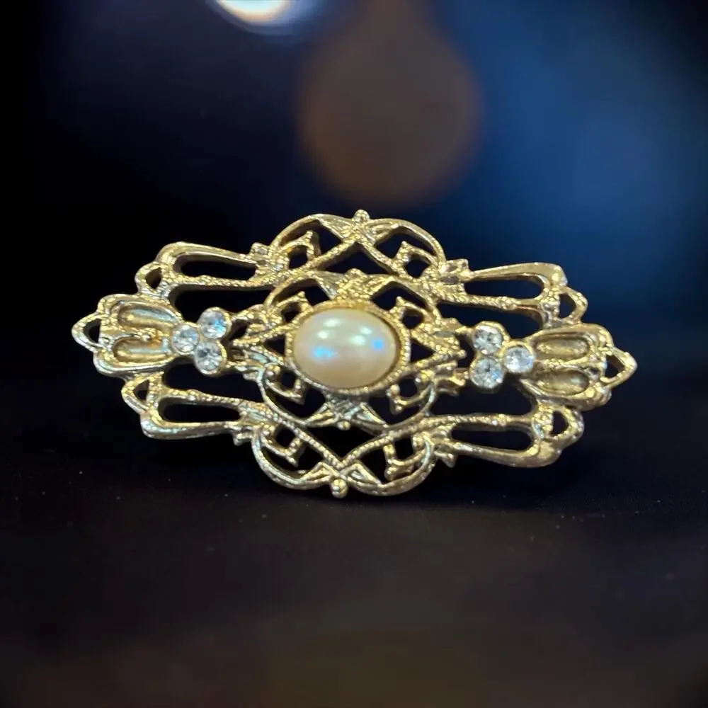 Vintage Pearl Rhinestone Filigree Brooch Gilded Romantic Edwardian Revival